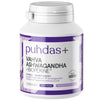 A white plastic bottle of Puhdas+ Vahva Ashwagandha + Bioperine dietary supplement with a white and purple label, on a solid white background.