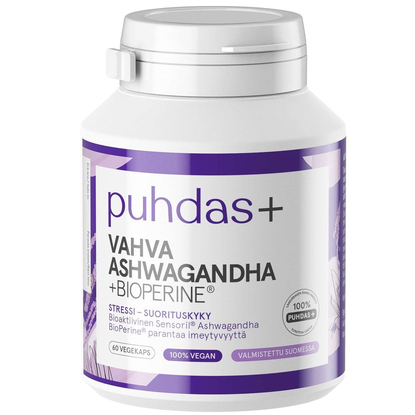 A white plastic bottle of Puhdas+ Vahva Ashwagandha + Bioperine dietary supplement with a white and purple label, on a solid white background.