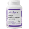 A white plastic bottle of puhdas+ Ashwagandha + Bioperine dietary supplement with a white and purple label, shown against a plain white background.
