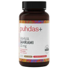 A brown plastic bottle of Puhdas+ Vahva Sahrami 30 mg dietary supplement with a black cap and a white label featuring red and multicolor accents.
