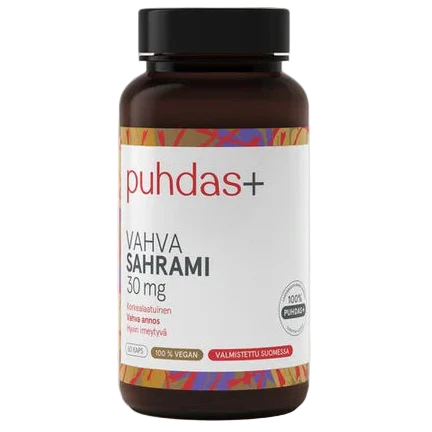A brown plastic bottle of Puhdas+ Vahva Sahrami 30 mg dietary supplement with a black cap and a white label featuring red and multicolor accents.