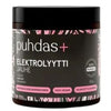 A jar of puhdas+ Elektrolyyyti (electrolyte) powder in the flavor Lauhe (butter), featuring a black lid and a black label with pink and white text and patterns.