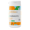 A white plastic tub of puhdas+ Kaurakuitu supplement powder with a colorful label featuring orange, green, and blue botanical patterns.