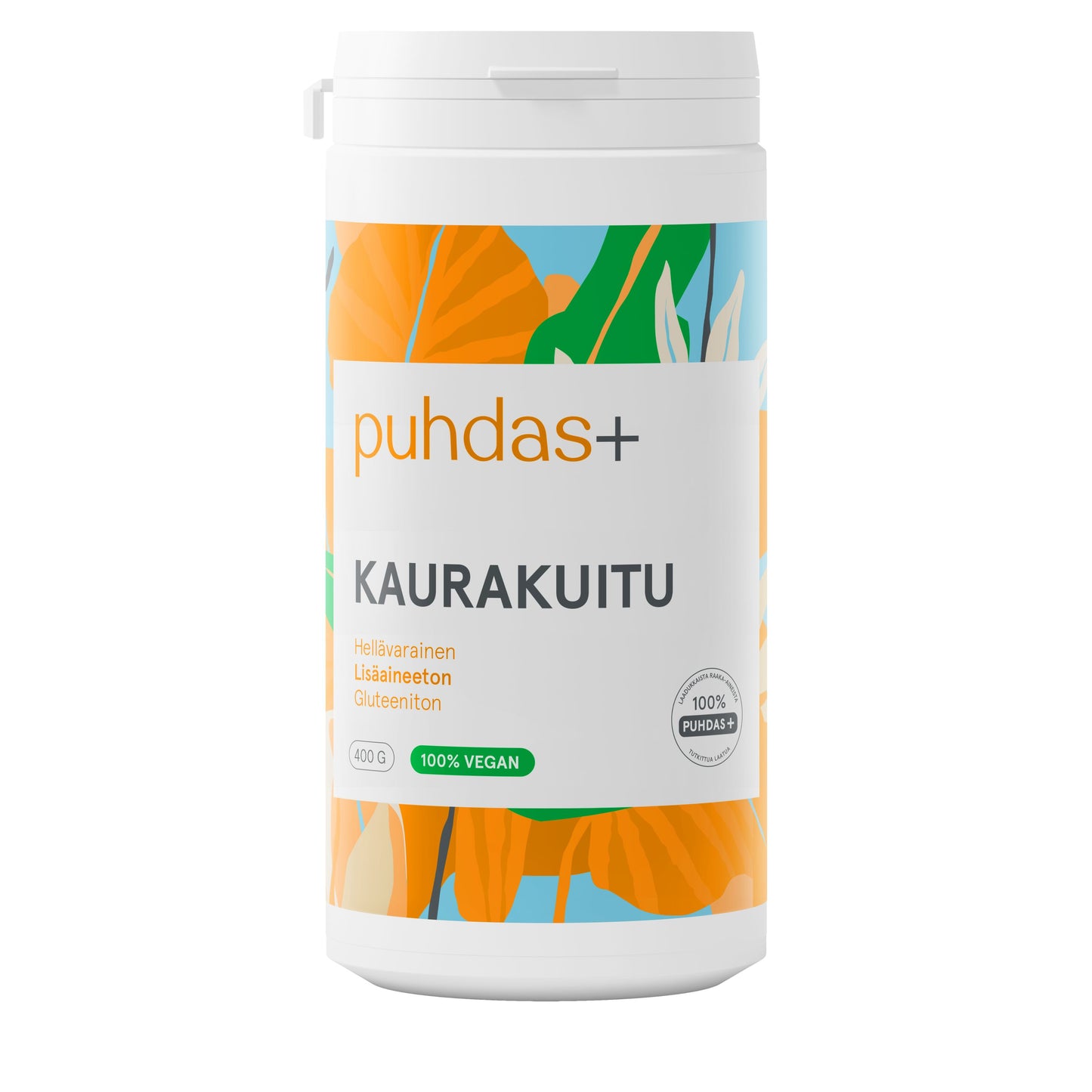 A white plastic tub of puhdas+ Kaurakuitu supplement powder with a colorful label featuring orange, green, and blue botanical patterns.