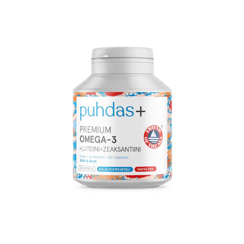 A white Puhdas+ bottle labeled "Premium Omega-3 + Lutein + Zeaxanthin" features blue, orange, and red accents with Finnish text, highlighting added lutein and zeaxanthin nutrients.