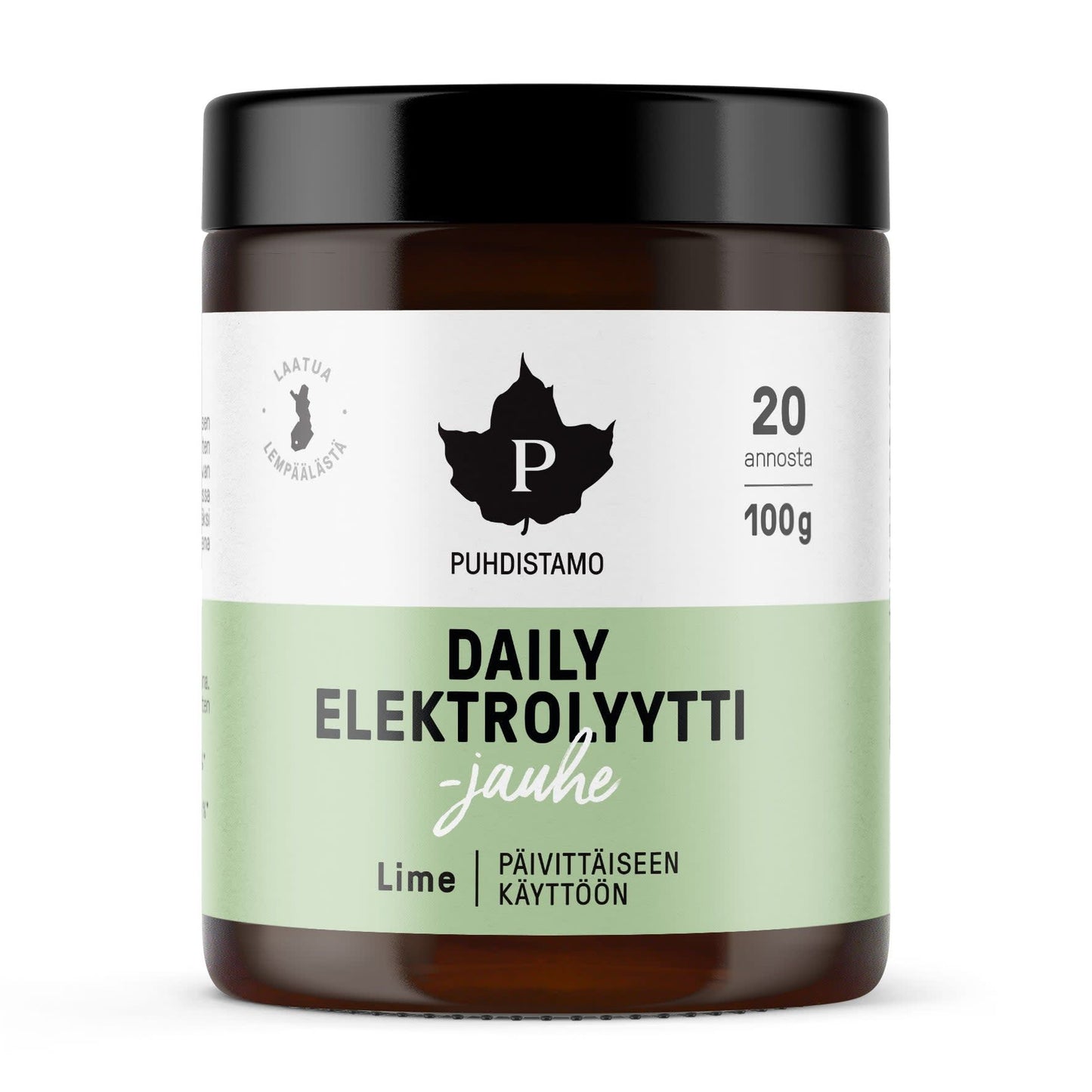 A brown jar with a black lid contains Puhdistamo Daily Electrolyte Powder Lime (100g, 20 servings). The green-and-white label features a black leaf logo—perfect for daily hydration needs.