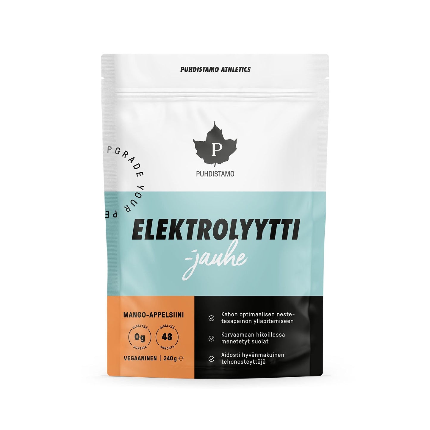 A white, turquoise, and black standing pouch labeled Puhdistamo Electrolyte Powder Mango & Orange features 0g sugar, 48 servings, vegan-friendly ingredients, and suits a ketogenic diet. Net weight: 240g. Brand: Puhdistamo.