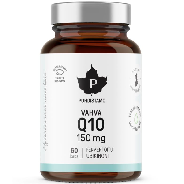 Een bruine glazen fles met het label Puhdistamo High-Strength Q10 Ubiquinone 150 mg van Puhdistamo, met 60 capsules ter ondersteuning van het energiemetabolisme. Voorzien van een zilveren dop en een wit etiket met zwarte en groene accenten in het Fins.