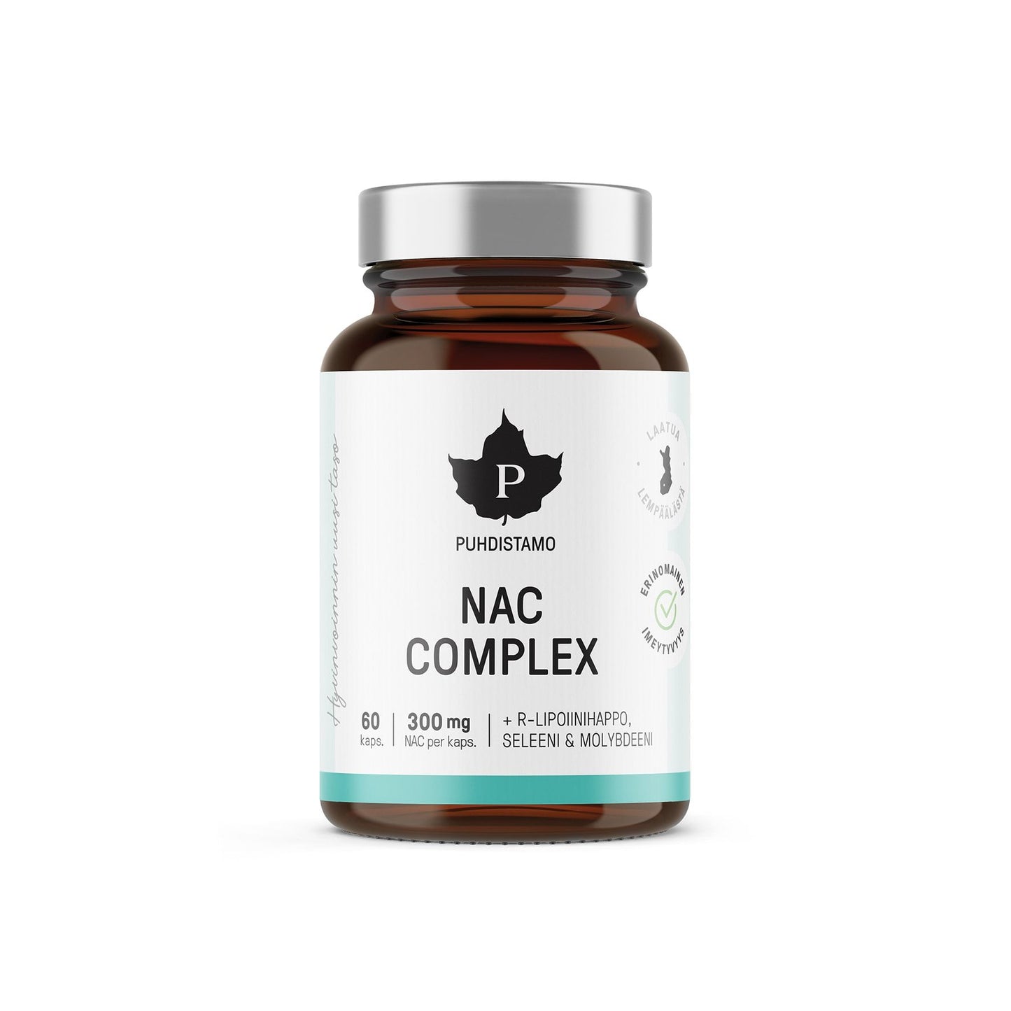 Puhdistamo NAC Complex comes in a brown glass bottle with 60 capsules, each containing 300 mg N-acetyl-L-cysteine. The white label features a leaf logo plus purity and vegetarian icons, supporting immune health.