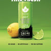 A can of Puhdistamo Natural Energy Drink Lemon Limeade Strong stands upright on a yellow surface with lemon and lime wedges. Text above: Energy never tasted this fresh. Below: Stevia-sweetened, sugar-free, 180 mg caffeine energy drink.