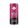 A tall can of Puhdistamo Natural Energy Drink Raspberry Strong, a sugar-free energy drink with 180mg plant-based caffeine, features pink and black design, white text, and a maple leaf logo at the top.