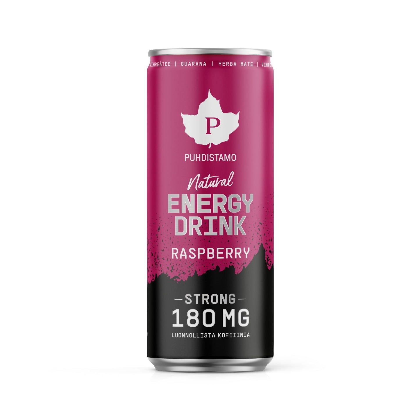 A tall can of Puhdistamo Natural Energy Drink Raspberry Strong, a sugar-free energy drink with 180mg plant-based caffeine, features pink and black design, white text, and a maple leaf logo at the top.