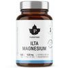 A brown glass bottle of Puhdistamo Night Magnesium, a sleep supplement with 120 capsules (125 mg magnesium glycinate each), features a silver cap and a white label in Finnish describing its contents and purpose.