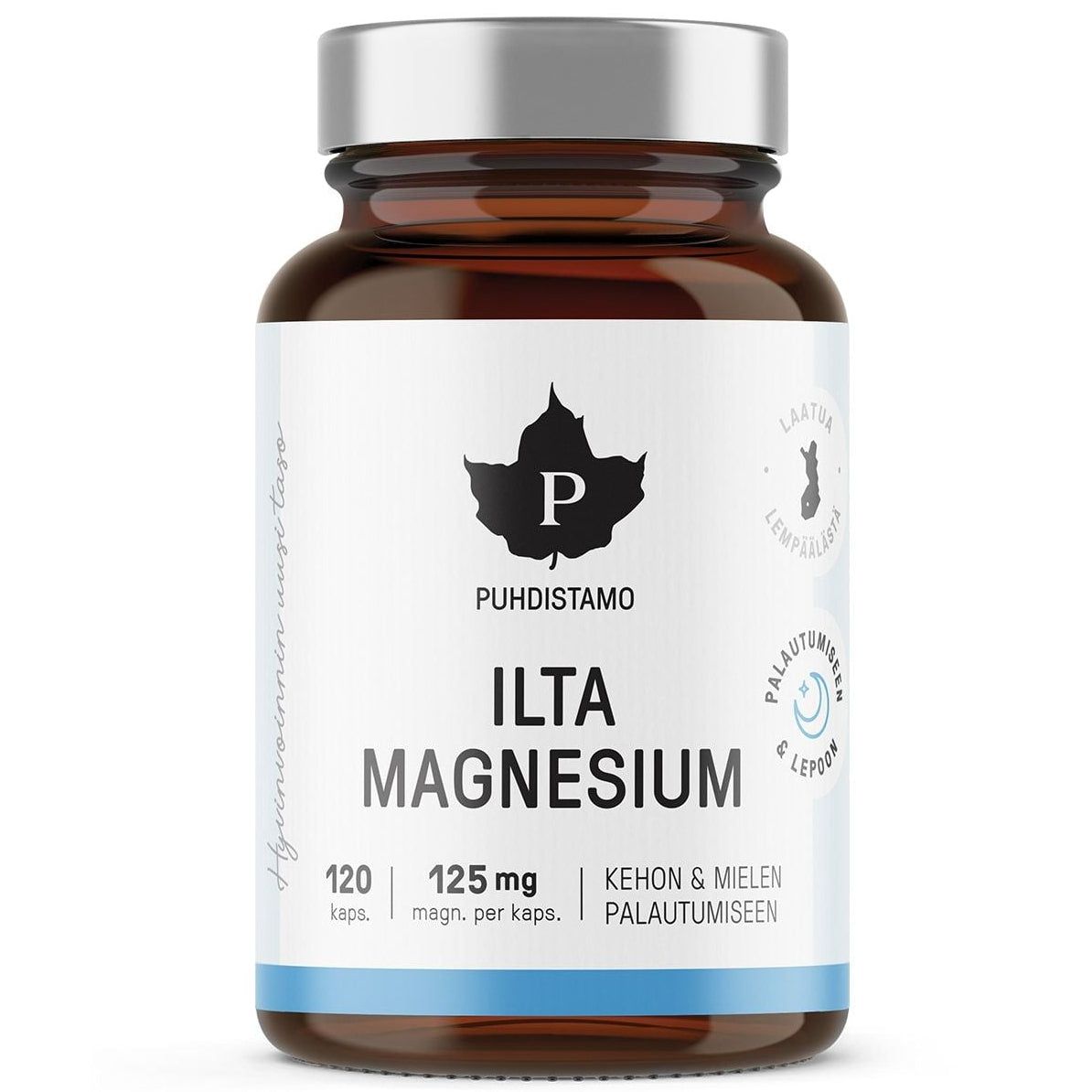 A brown glass bottle of Puhdistamo Night Magnesium, a sleep supplement with 120 capsules (125 mg magnesium glycinate each), features a silver cap and a white label in Finnish describing its contents and purpose.