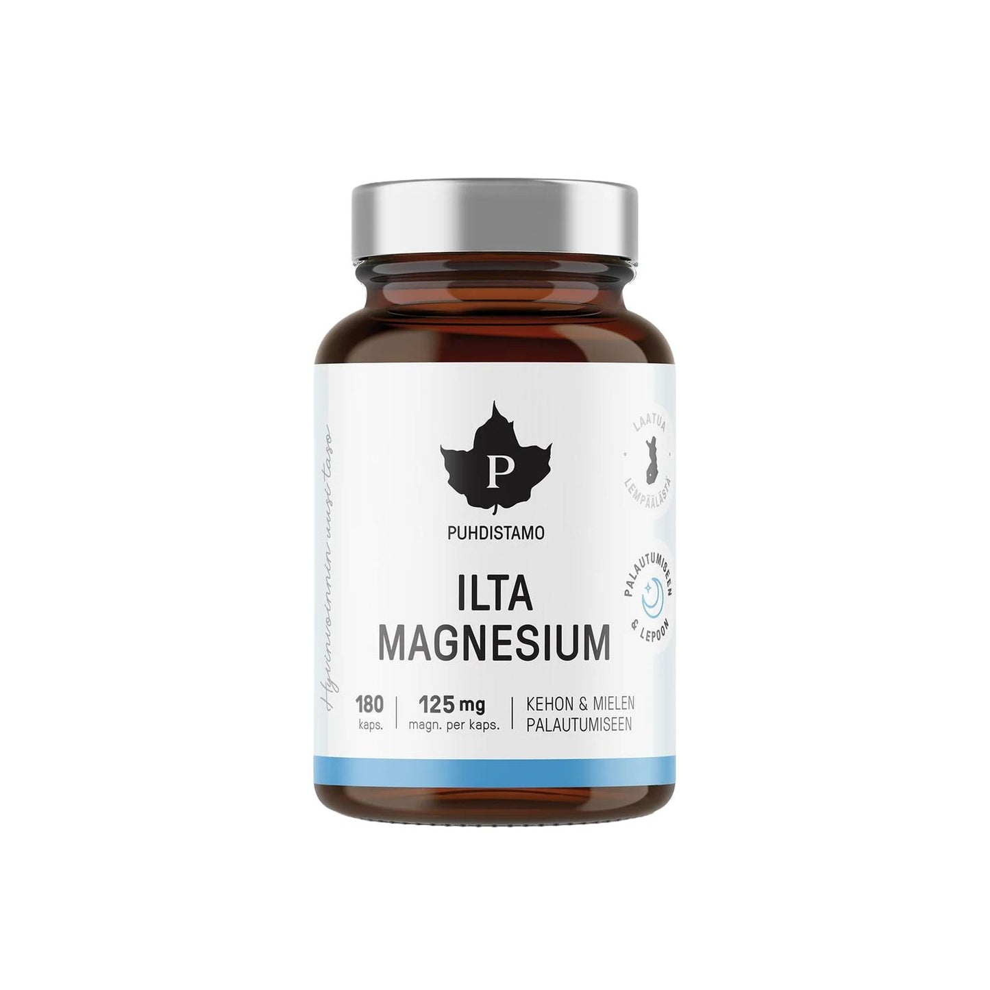 A brown glass bottle with a silver lid labeled Puhdistamo Night Magnesium by Puhdistamo, a night magnesium sleep supplement (180 capsules, 125 mg each). The white label has blue accents, Finnish text, and certification icons.