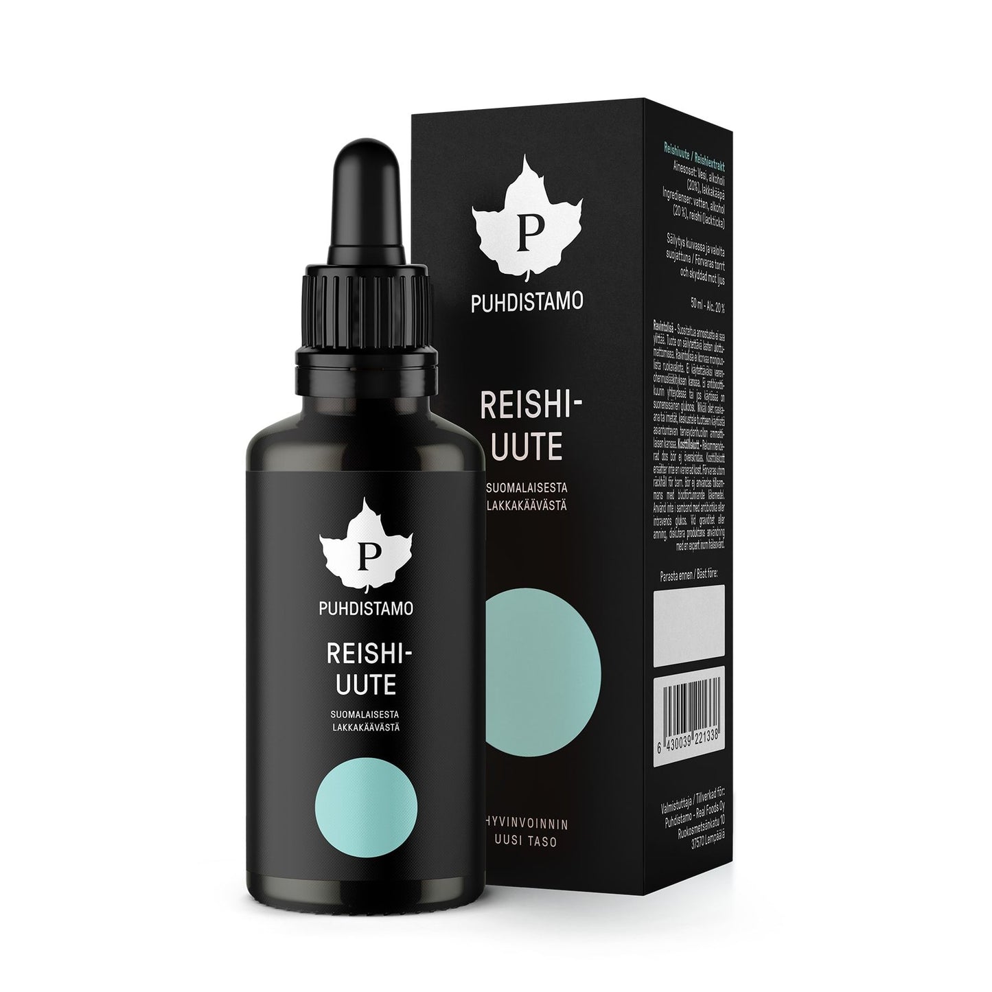 A dark glass dropper bottle labeled Puhdistamo Premium Research Reishi Extract, a Finnish supplement by Puhdistamo, stands before its matching black box with teal accents, white text, and a maple leaf logo.