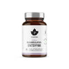 A brown glass bottle with a silver cap, labeled Puhdistamo Strong Digestive Enzymes, contains 60 capsules to aid nutrient absorption. The white label displays the Puhdistamo brand in black and gray text and logos.