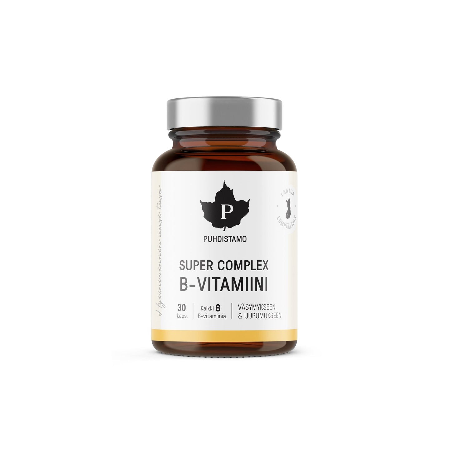 A brown glass bottle labeled Puhdistamo Super Complex B-complex, featuring a white label with a black leaf logo and Finnish text. Contains 30 capsules of a highly absorbable vitamin B supplement that supports metabolism.