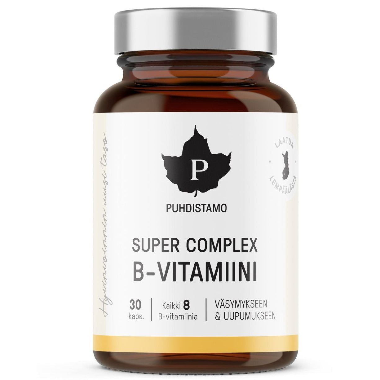 A brown glass bottle labeled Puhdistamo Super Complex B-complex, featuring a white label with a black leaf logo and Finnish text. Contains 30 capsules of a highly absorbable vitamin B supplement that supports metabolism.