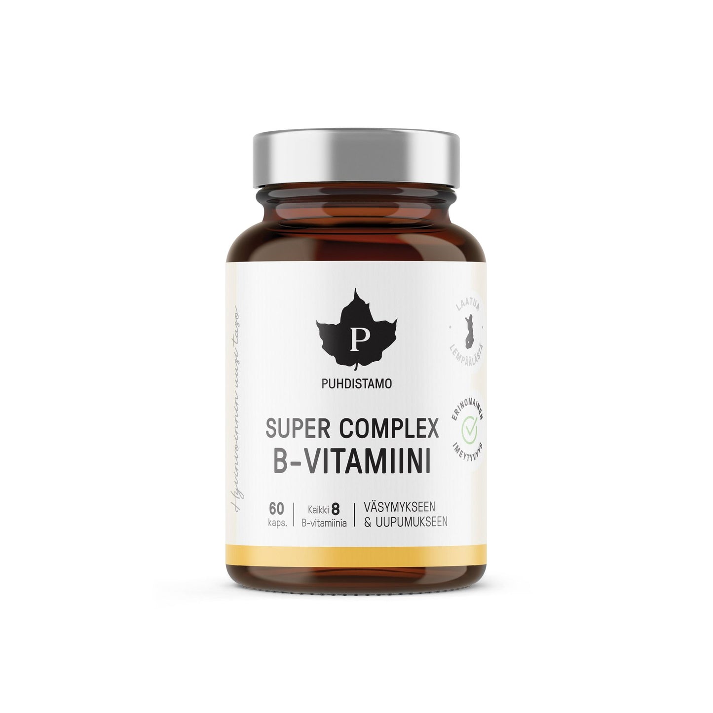 A brown glass bottle with a silver cap labeled Puhdistamo Super Complex B-complex. This highly absorbable B-vitamin supplement contains 60 capsules and features Finnish text plus black and gold design elements on the label.