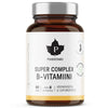 A brown glass bottle with a silver cap labeled Puhdistamo Super Complex B-complex. This highly absorbable B-vitamin supplement contains 60 capsules and features Finnish text plus black and gold design elements on the label.