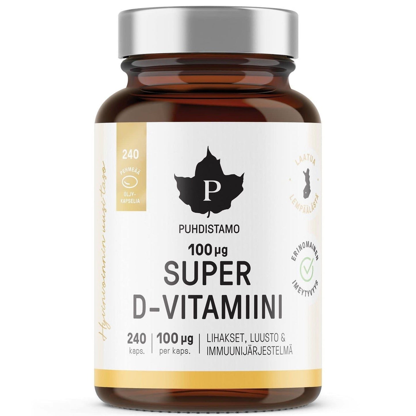 A brown bottle of Puhdistamo Super Vitamin D 100 mikrog by Puhdistamo, featuring a white label with Finnish text, black cap, and containing 240 capsules with 100 µg vitamin D3 per capsule.