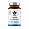 A brown glass bottle labeled Puhdistamo Triple Magnesium from Puhdistamo with a black lid. Contains 240 capsules, each with 94 mg of highly absorbable magnesium, plus Finnish text and certification symbols on a white label.