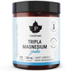 A brown jar of Puhdistamo Triple Magnesium Powder with a black lid, featuring 112 servings at 150 mg each, supports energy metabolism and muscles. Label in Finnish; product by Puhdistamo.