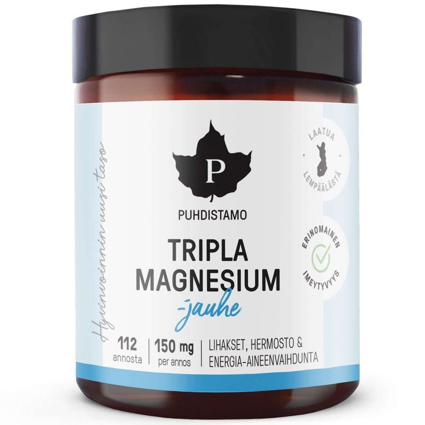 A brown jar of Puhdistamo Triple Magnesium Powder with a black lid, featuring 112 servings at 150 mg each, supports energy metabolism and muscles. Label in Finnish; product by Puhdistamo.