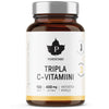 A minimalist brown glass bottle with a silver cap contains 120 capsules of Puhdistamo Triple Vitamin C, each 400 mg from camu camu berries, labeled with the brand’s white design.
