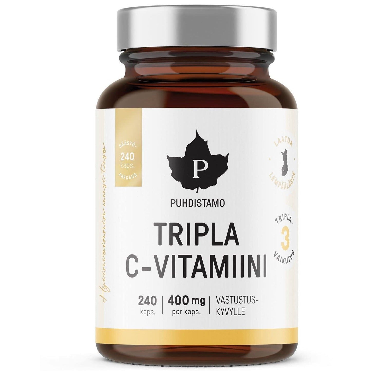 A brown glass bottle of Puhdistamo Triple Vitamin C, a high absorption supplement with a white label and silver cap, features 240 capsules (400 mg each) and "VASTUSTUSKYVYLLE" in Finnish on the label.