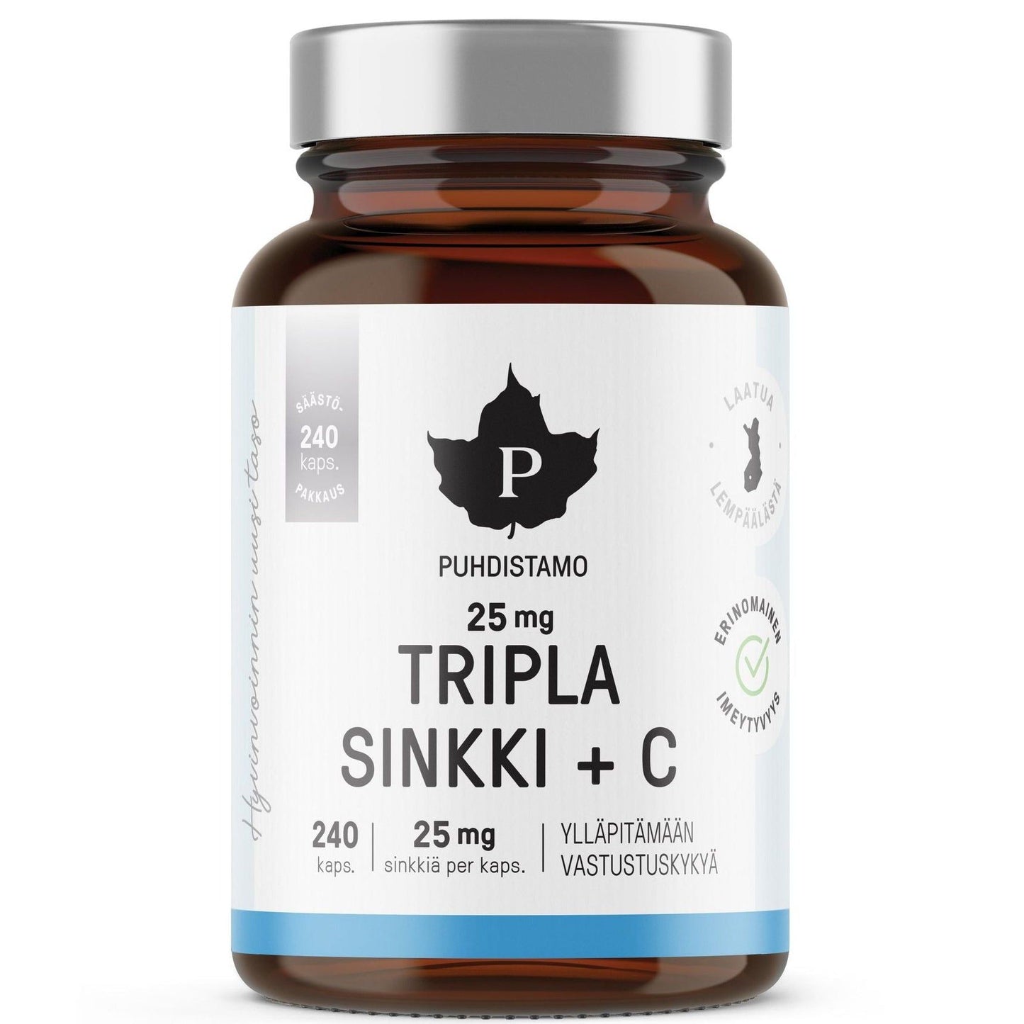 A brown glass bottle labeled “Puhdistamo Triple Zinc 25 mg” by Puhdistamo contains 240 capsules of highly absorbable zinc and vitamin C, each capsule providing 25 mg of zinc. The label displays various certifications and a leaf logo.