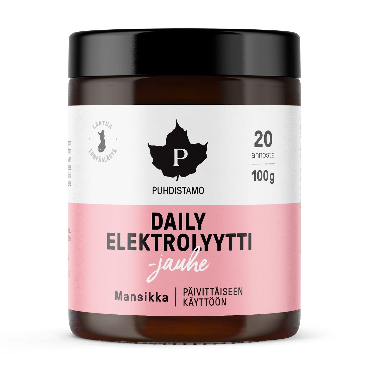 Puhdistamo Daily Electrolyte Powder Strawberry comes in a brown plastic jar with a black lid and white-pink label, offering 100g (20 servings) of naturally flavored strawberry electrolyte powder for daily hydration.