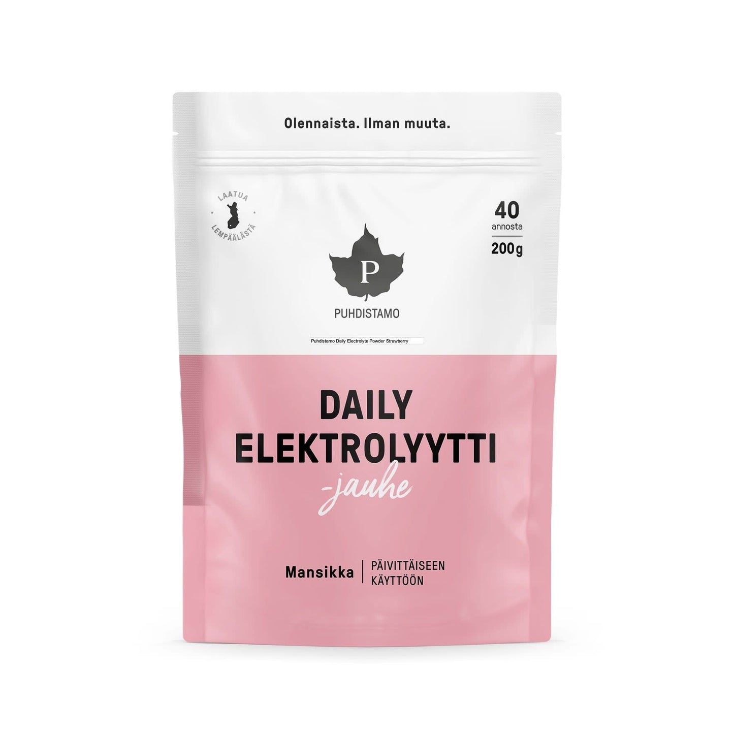 A white and pink pouch labeled Puhdistamo Daily Electrolyte Powder Strawberry, a Finnish product offering 40 servings (200g) with natural strawberry flavor, designed by Puhdistamo for daily hydration and everyday use.