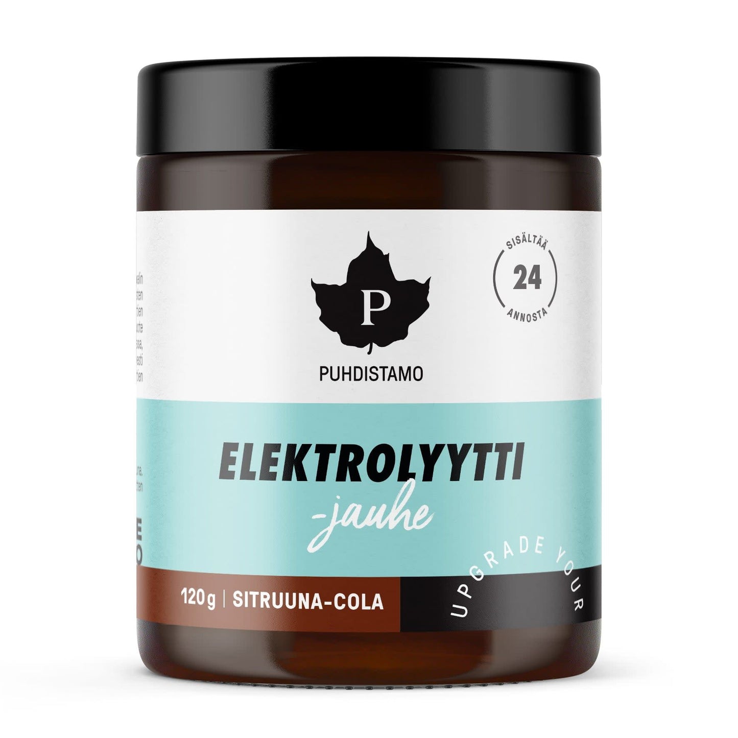 A brown jar of Puhdistamo Electrolyte Powder Lemon & Cola (120g) with a turquoise and white label, black leaf logo, and keto-friendly formula.