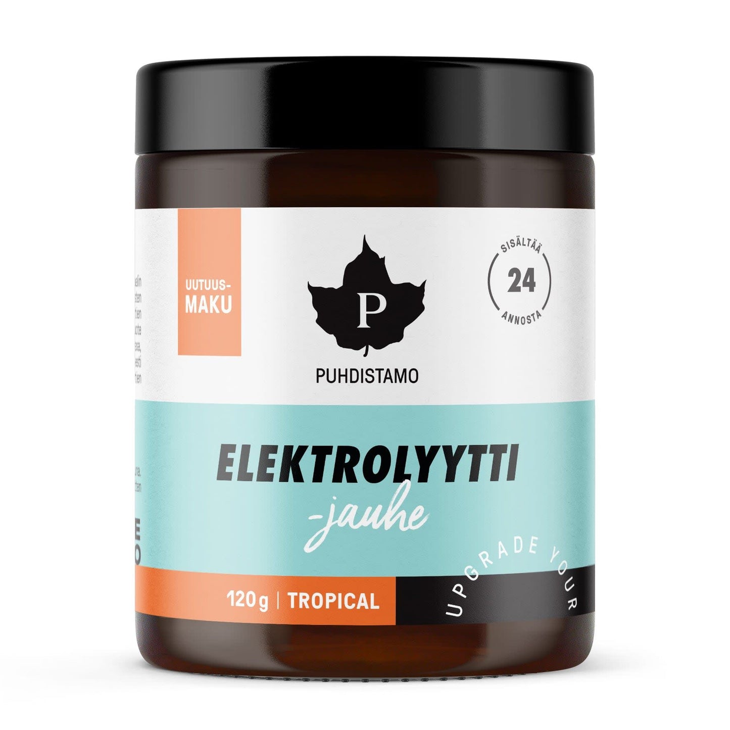 A 120g jar of Puhdistamo Electrolyte Powder Tropical, a sugar-free electrolyte blend for convenient hydration, features a white, orange, and light blue label with the brand logo, product name, and “24 annosta” icon.