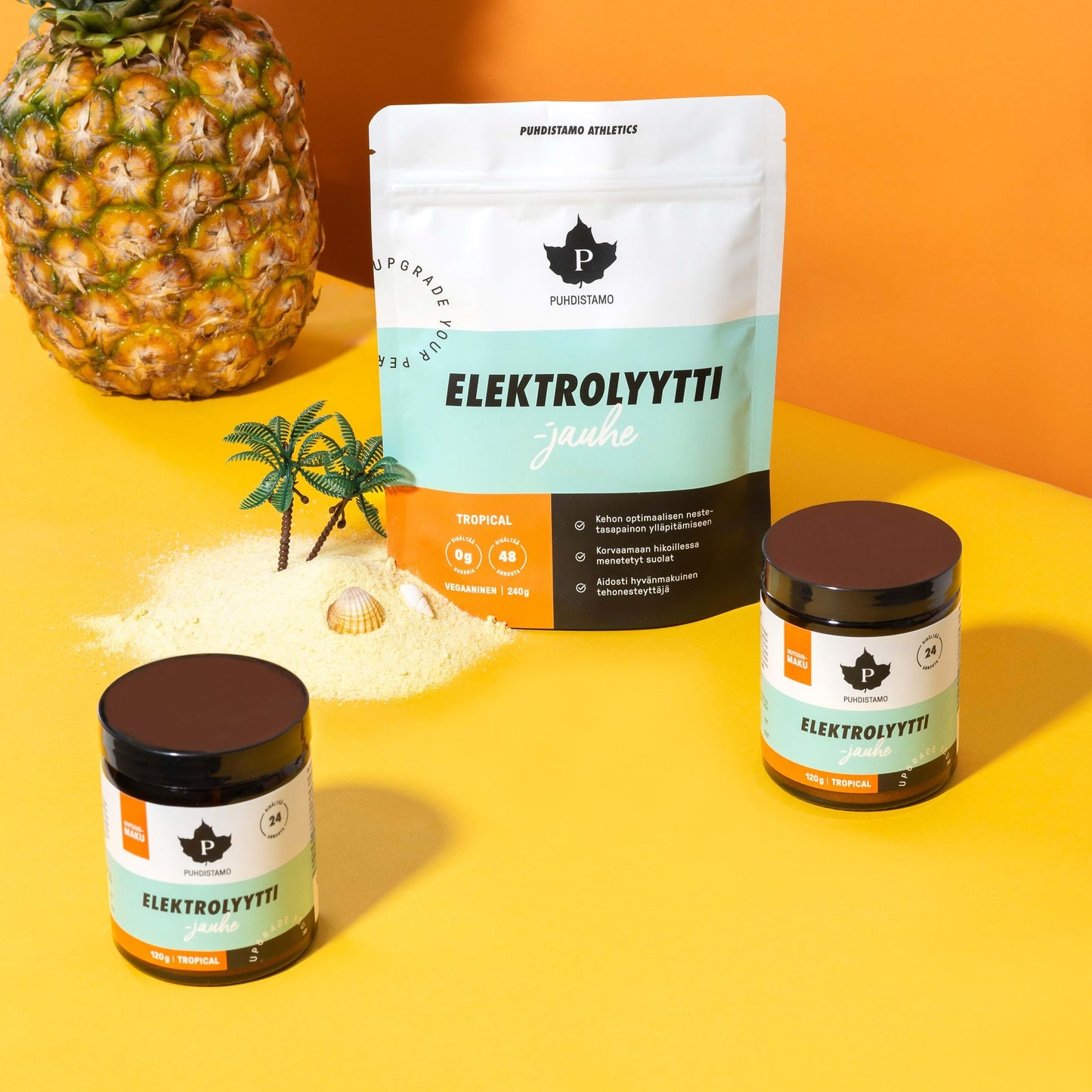 A pineapple and a bag of food make a great snack or meal—add Puhdistamo Electrolyte Powder Tropical for extra hydration.