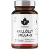 A brown glass bottle labeled Puhdistamo Krill Oil Omega-3 contains 60 capsules. The Finnish label, in black and pink with a leaf logo, highlights Antarctic omega-3 benefits for heart, liver, and metabolism. Brand: Puhdistamo.