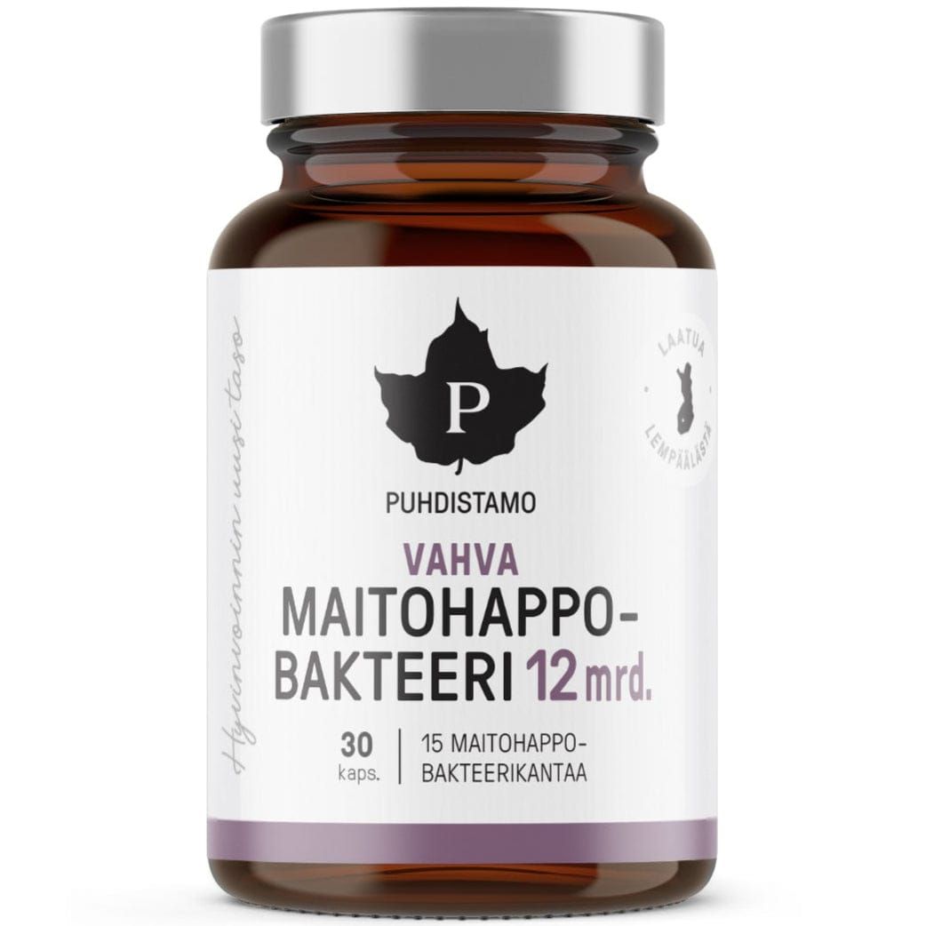 Eine braune Glasflasche mit der Aufschrift Puhdistamo Strong Probiotic 12 Billion CFU von Puhdistamo, enthält 30 Kapseln probiotisches Ergänzungsmittel für die Darmgesundheit, mit einem weißen Etikett mit schwarzem Text und einem grauen Blatt-Logo.
