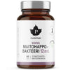 Une bouteille en verre brun étiquetée « Puhdistamo Strong Probiotic 12 Billion CFU » contient 60 gélules pour la santé intestinale. L'étiquette blanche comporte un texte noir et violet ainsi qu'un logo en forme de feuille d'érable sur le devant. Marque : Puhdistamo.
