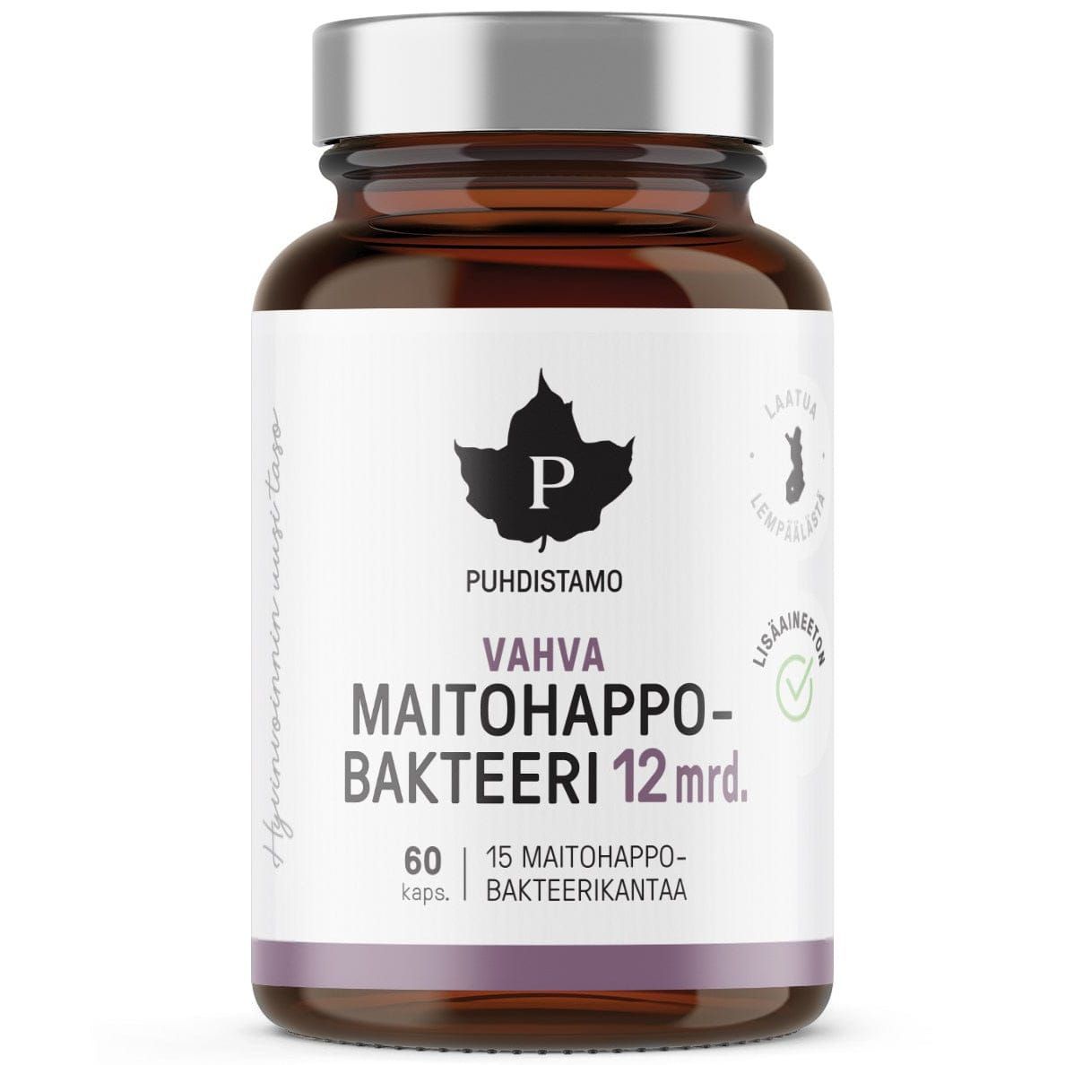 Une bouteille en verre brun étiquetée « Puhdistamo Strong Probiotic 12 Billion CFU » contient 60 gélules pour la santé intestinale. L'étiquette blanche comporte un texte noir et violet ainsi qu'un logo en forme de feuille d'érable sur le devant. Marque : Puhdistamo.