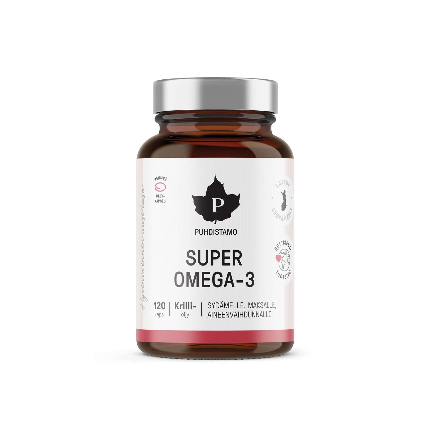 A brown glass bottle of Puhdistamo Super Omega-3 by Puhdistamo with a silver cap. The label shows 120 krill oil capsules, MSC certification, Finnish text, and certification logos on a white background.