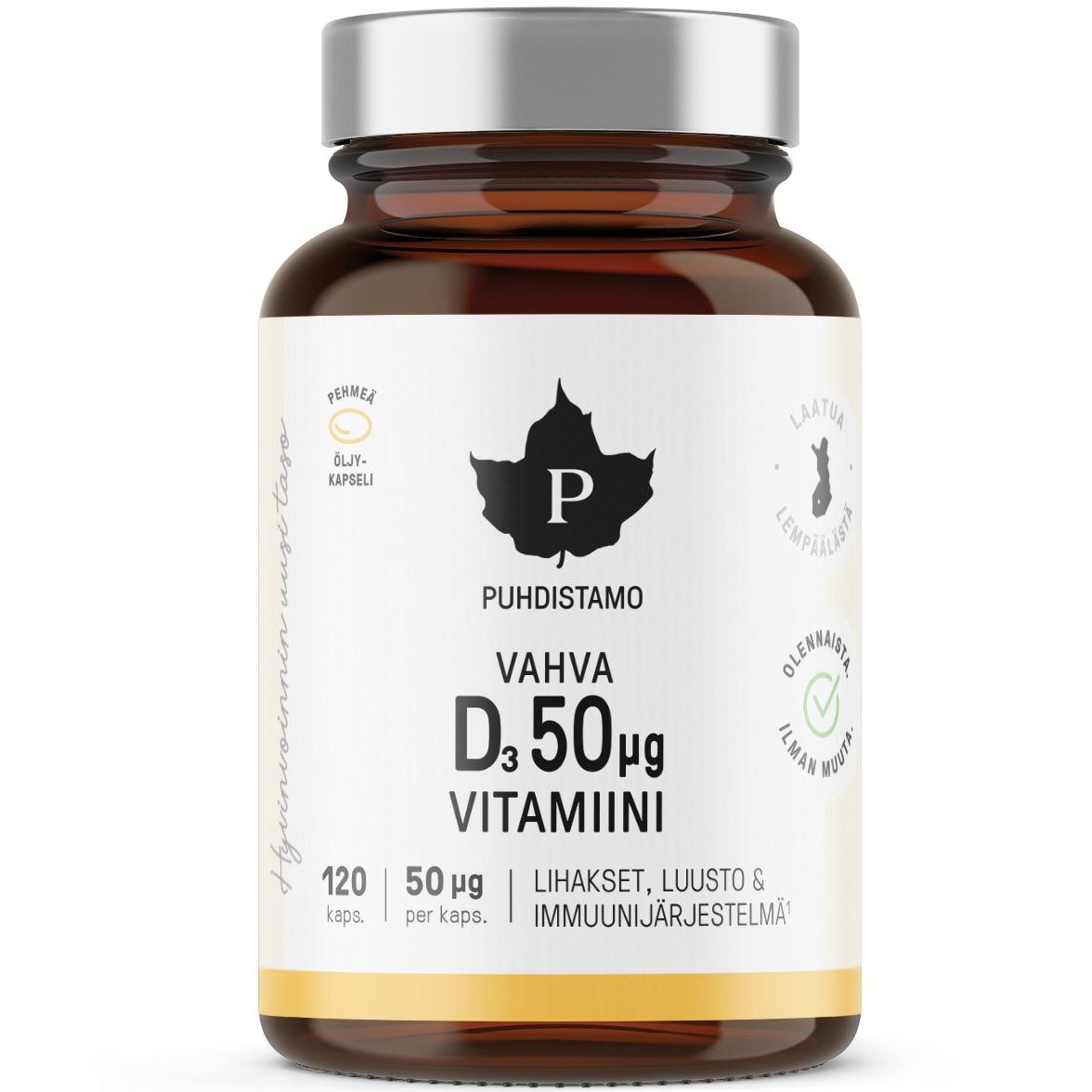 Una bottiglia di vetro marrone con tappo argentato etichettata Puhdistamo Strong Vitamin D 50 mikrog. L'etichetta finlandese riporta le informazioni sul dosaggio, le icone relative alla qualità e agli ingredienti naturali e mette in evidenza la vitamina D3 per il benessere quotidiano.