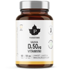 A brown glass bottle of Puhdistamo Strong Vitamin D 50 mikrog supplement with a white label and silver cap. The Finnish label features product info and icons for muscle, bone, and immune system support.