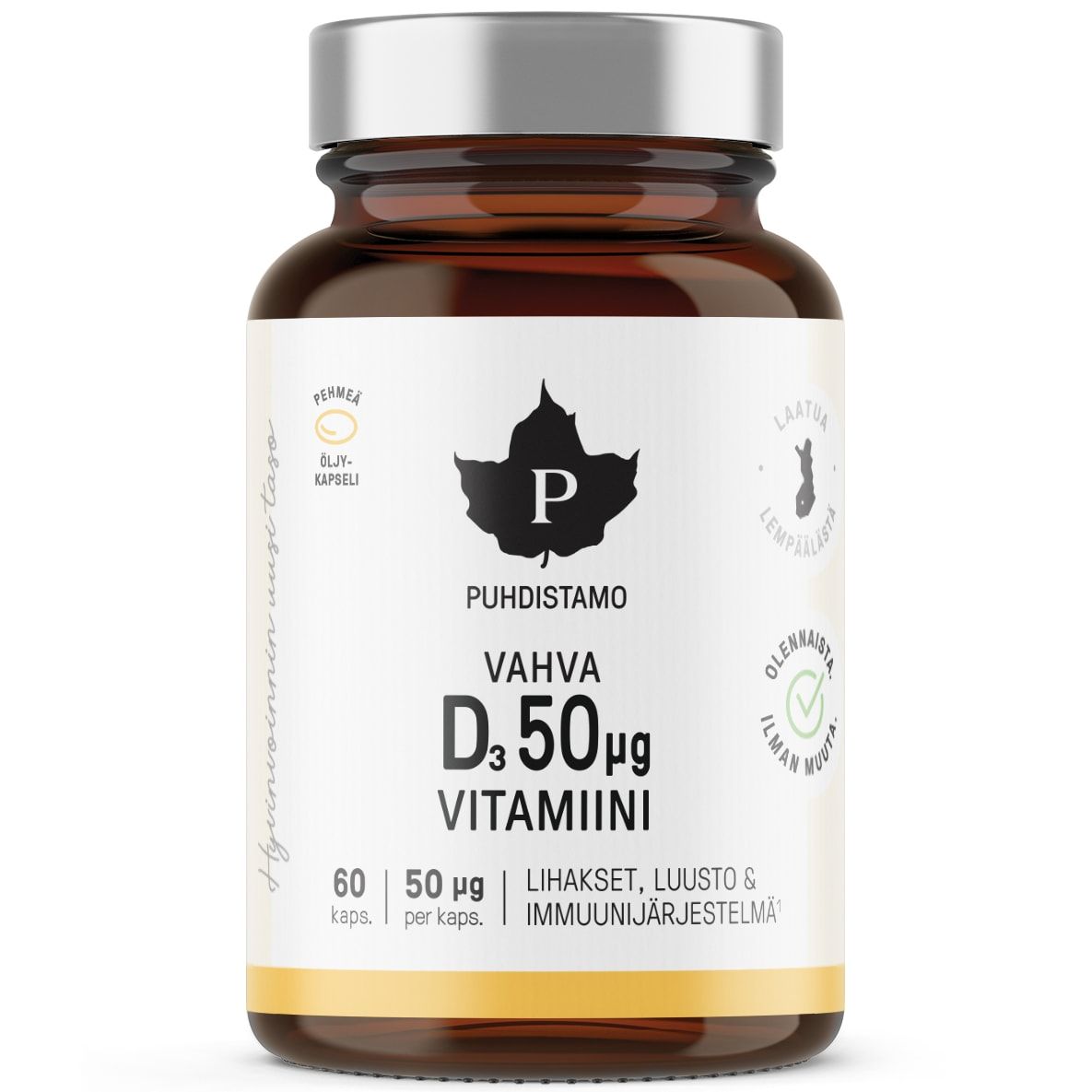 Una bottiglia di vetro marrone di integratore Puhdistamo Strong Vitamin D 50 mikrog con etichetta bianca e tappo argentato. L'etichetta finlandese riporta le informazioni sul prodotto e le icone relative al supporto per muscoli, ossa e sistema immunitario.