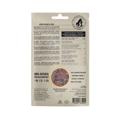 Back of a beige Renjer package with text, ingredients, nutritional details, logos, and a circular photo of dried meat. The packaging highlights Renjer Nordic Reindeer Jerky Sea Salt as 100% natural jerky from wild Lapland reindeer.