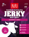 A 40g pack of Riipisen Beef Jerky Garlic, made from smoked Finnish roast beef. Features a purple background with cow silhouette, icons for lactose-free, gluten-free, no additives, high protein. Text in Finnish and English.