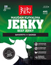 A pack of Riipisen Beef Jerky Smoked with green and black design, showcasing lactose-free, gluten-free, no additives, and high-protein icons. The background features northern lights and a forest. Brand: Riipisen.