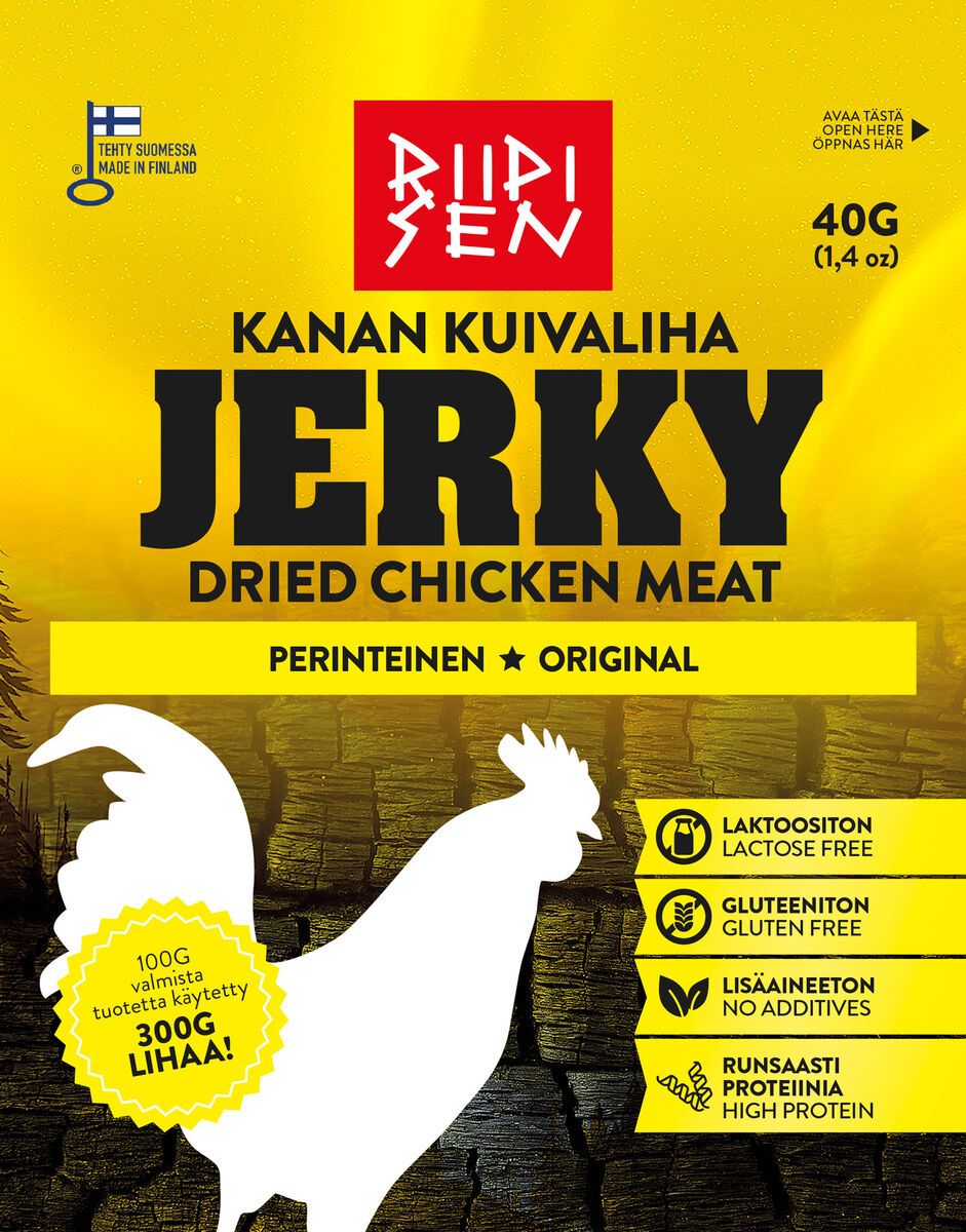 A yellow and black packet of Riipisen Chicken Jerky Original, featuring a white chicken silhouette and text noting this high-protein snack from Riipisen is lactose-free, gluten-free, and additive-free.