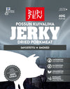 A pack of Riipisen Pork Jerky Smoked, an authentic Finnish snack from Riipisen. High in protein and free from lactose, gluten, and additives, it offers a rich smoked flavor and features a silhouetted pig on the label.